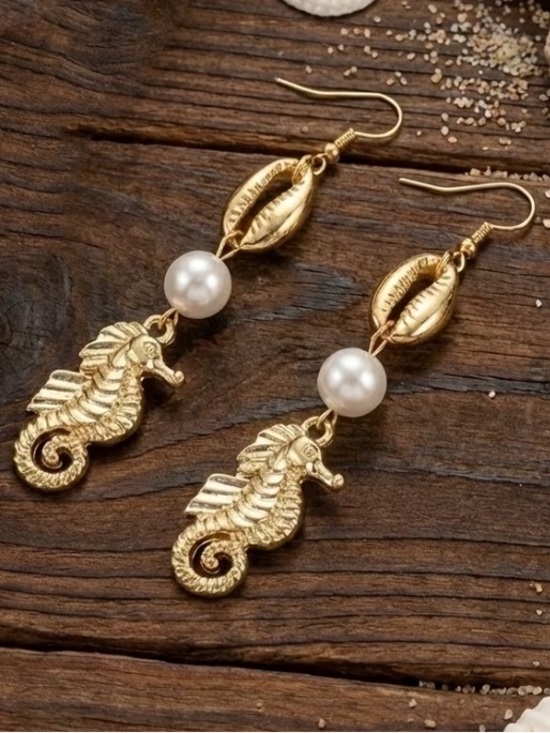 Boutique Jewelry - Gold Seahorse Drop Earrings with Pearl Accent